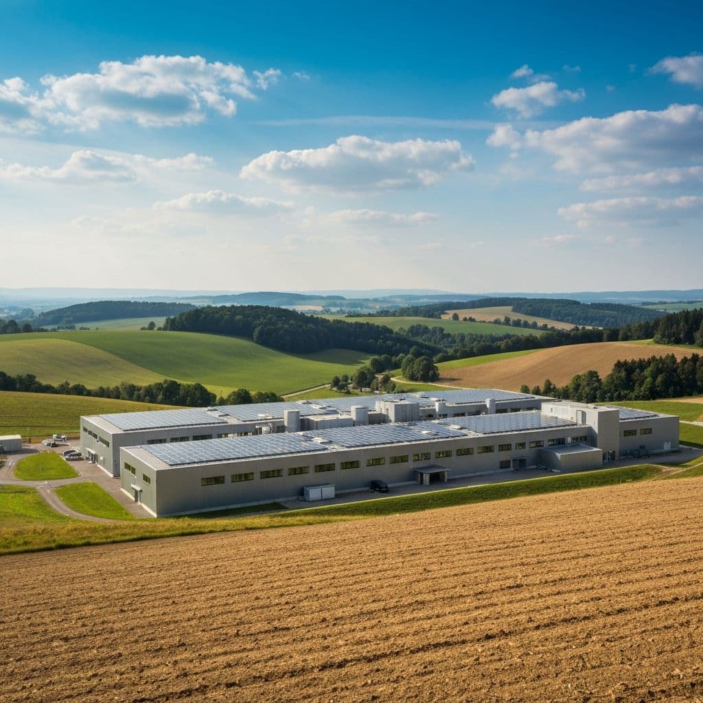 Sustainable paper mill surrounded by green hills